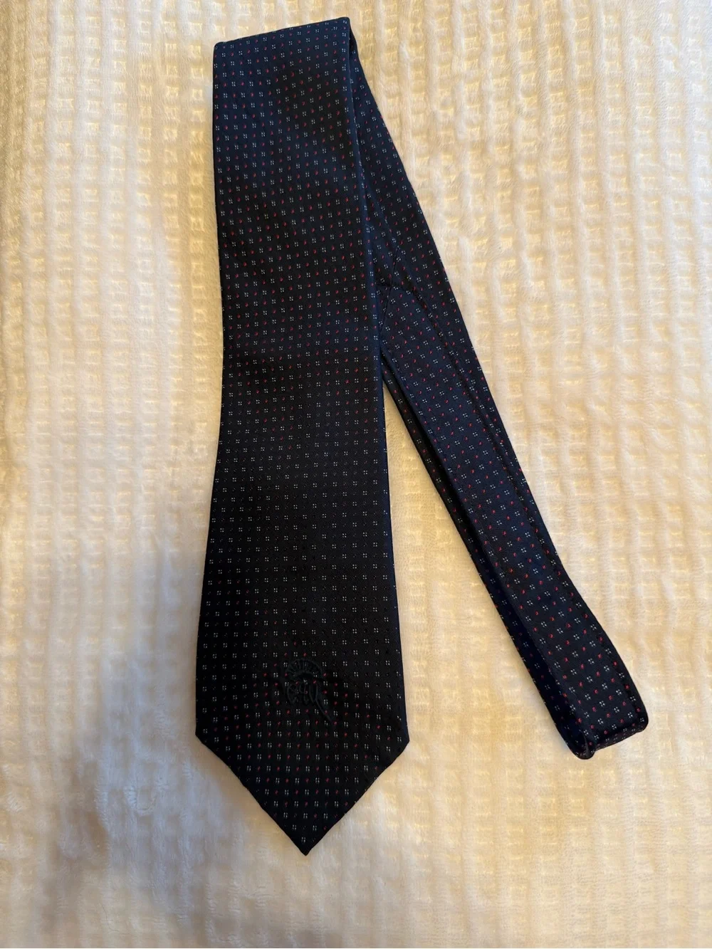 Vintage Countess Mara Navy Blue Silk Geometric Micro Dot Necktie Crown Logo